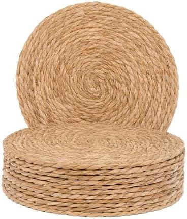 Defined Deco Woven Placemats Set of 10, 13" Round Rattan Placemats,Natural Hand-Woven Water Hyacinth, Farmhouse Weave Place Mats, Rustic Braided Wicker Table Mats for Dining Table, Home, Wedding