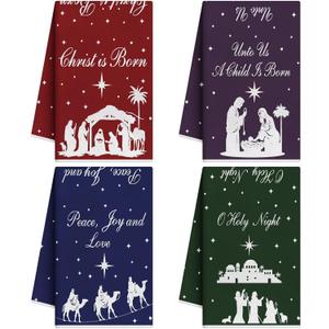 4 Pcs Christian Kitchen Towels Nativity Scene Dish Towels 21 x 14 Inch Jesus Holy Night Hand Cloth Jesus Birthday Easter Starlight Tea Cloth Novelty Gifts for Cooking Party Supplies