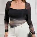 MakeMeChic Women's Plus Size Tie Dye Square Neck Lettuce Trim Asymmetrical Long Sleeve Tee Shirt Tops (Black, XXXL)