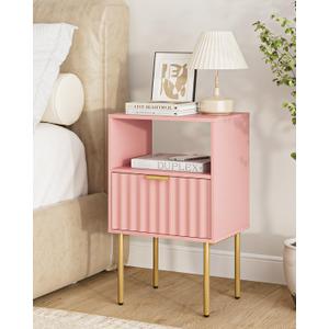 Nightstand,Modern Bedside Table with Gold Frame,White Night Stand,Bedside Furniture, Modern Side Table with Drawer and Shelf for Bedroom,Living Room (Pink)