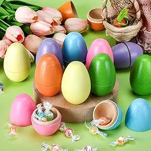 Marsui 24 Pcs Easter Wooden Eggs 2 x 2.8 Inch Fillable Wooden Easter Hollow Fake Eggs Hunt DIY Painting Colorful Art Craft Basket Stuffers Decorations Spring Home Decor
