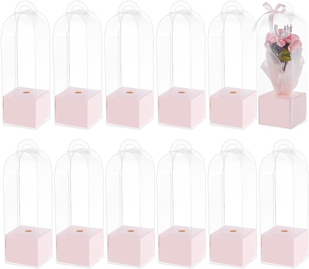 BENECREAT 12Pcs Single Rose Flower Box Empty Bag, Clear Flower Packing Boxes Flower Gift Boxes for Graduation Wedding Birthday Floral Gift Floral Arrangement Supply, Pink