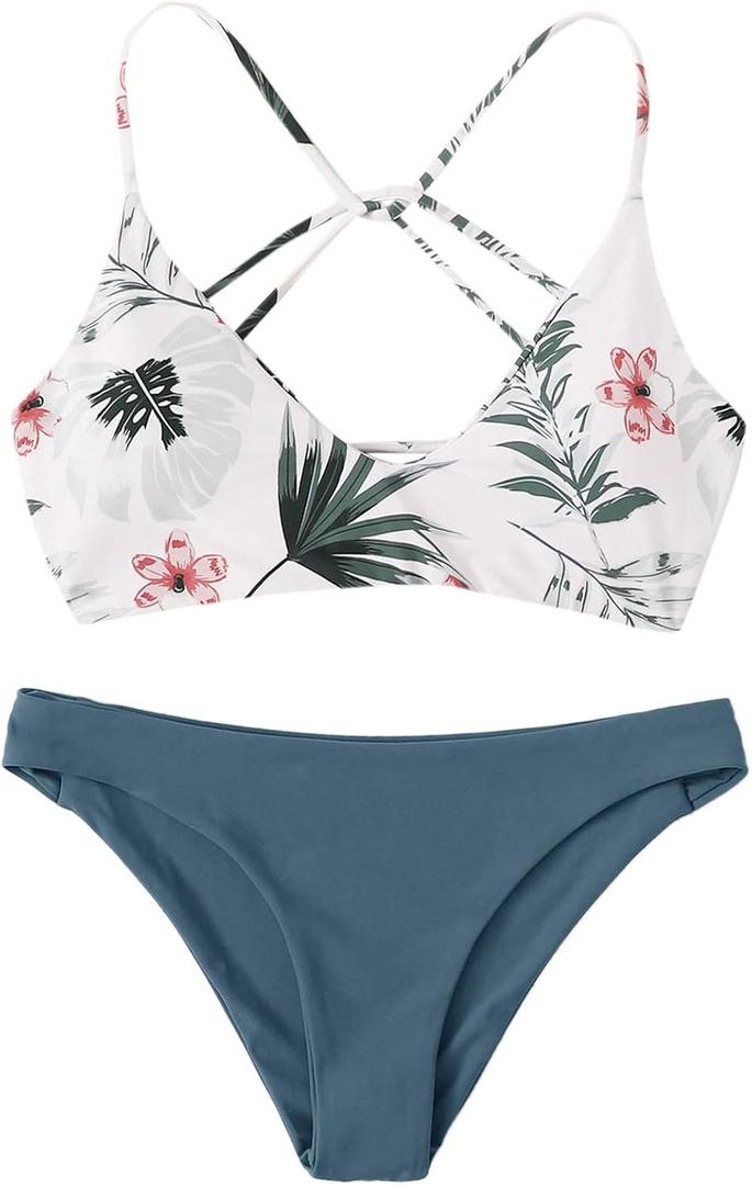 SweatyRocks Women's Sexy Bathing Suit Floral Print Cross Back Bikini Set Swimsuits (Small, White-1)