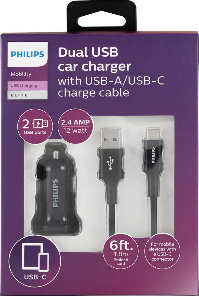 Philips Charging Pack 1 DC Charger 2 USB 2.4A & 1USB-A-C Cable Braided, 6 ft