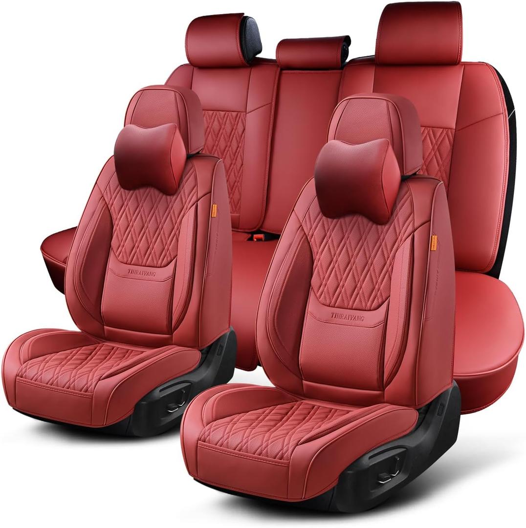 Car Seat Covers Full Set, Breathable Leather Automotive Front and Rear Seat Covers & Headrest, Universal Automotive Vehicle Seat Cover for Most Sedan SUV Pick-up Trucks, Wine Red