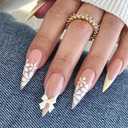 MERVF Long Press on Nails Stiletto Yellow French Tip Fake Nail Flower Daisy Design Glue ons Almond 3D Bow Acrylic Nails Supplies Art DIY Manicure Glossy 24pcs