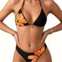 MakeMeChic Women's Polka Dots Triangle Thong Bikini Sets Floral Cute Bathing Suit Swimsuit, Small