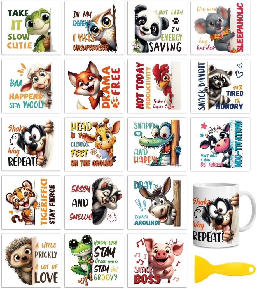 Peacoblue 18 Sheets Rub on Transfers for Crafts, Peeking Out Animal 3.6"x3.9" UV DTF Cup Wraps Waterproof Rub on Cold Transfers Stickers for Wood Glass Metal Cup Tumblers Mirrors Mugs Home Decor
