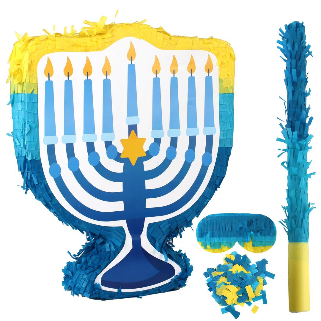 Menorah Pinata Set Hanukkah Winter Birthday Party Supplies with Eye Mask Sticks Hanukkah Themed Party Holiday Games Newborn Baby Photo Prop Decoration