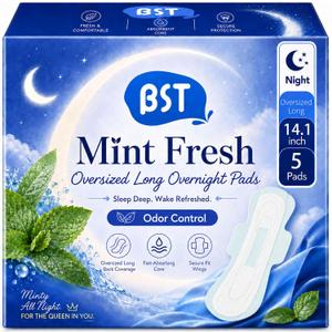 2 x BST Natural Mint Fresh Ultra-Thin Period Pads with Wings, Overnight, 5 ct | Odor Control All Night, Softer Than Cotton, Great Airflow Breathable Dry Topsheet, Oversized Rear Wings, Packaging May Vary