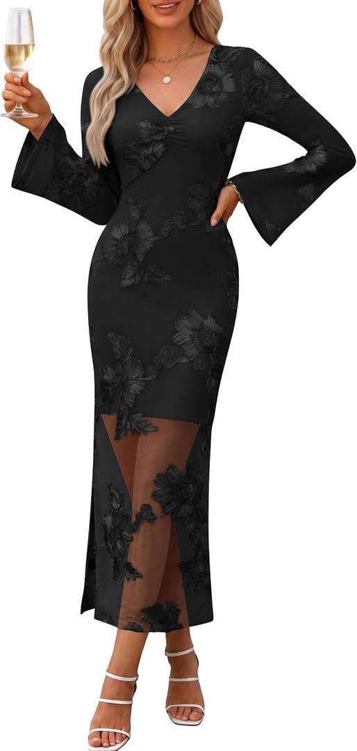 Caracilia Womens Fall Bodycon Bell Long Sleeve Midi Wedding Guest Dress (Black, XL)