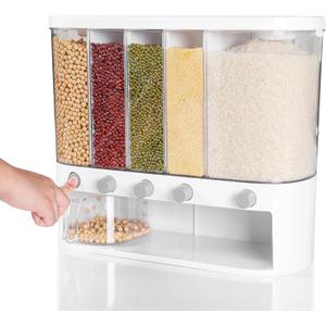 Wall Mounted Dry Food Dispenser with Individual Containers and Removable Walls for Rice, Beans, small grains, Lentils for Pantry and Kitchen Storage with Measuring Cup  5 Grids