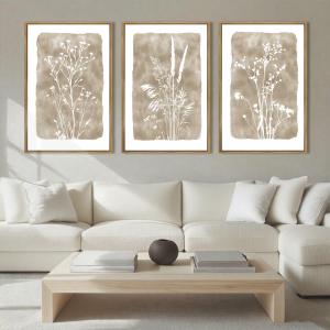 ANHUIB Extra Large Beige Floral Wall Art 24x36 Inch Neutral Floral Wall Decor Vintage Flower Artwork for Living Room Bedroom Office Set of 3