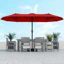 Kingdura 15ft Large Patio Umbrella with Solar Lights, Double-Sided Rectangle Lighted Outdoor Table Umbrella with Base Included, 12 Reinforced Ribs, 48 Led Lights, Crank Lift for Market Pool Deck Backyard, Red