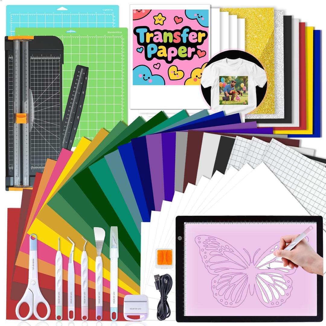 The All-in-One Accessories and Supplies Bundle for Cricut Makers and All Explore Air - Craft Kit with Weeding Tools, HTV Vinyl, Permanent Vinyl, LED Light Pad, Paper Cutter for Crafting Projects