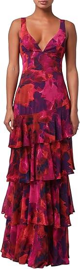 Lulus Imogen Tiered Chiffon Maxi Dress for Women, Plunging LaceUp Back Cocktail Long Formal Dress Garden Party Dress,M