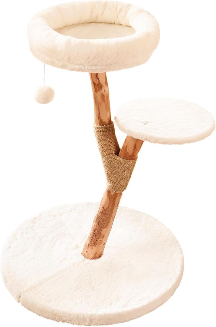 Modern Cat Tree Tower for Indoor Cats, 2-Tier Cat Furniture with Natural Wood Posts, Soft Plush Bed, Scratching Post & Hanging Ball Toy, Stylish Cat Climbing Tower