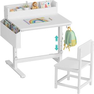BOLUO Height Adjustable Kids Desk and Chair Set for 5-8 Year Old, White Desk for Kids, Small Wood Child Study Table with Storage for Girls Boys, Over dimension: 18.9"D x 24.8"W x 29.6"H