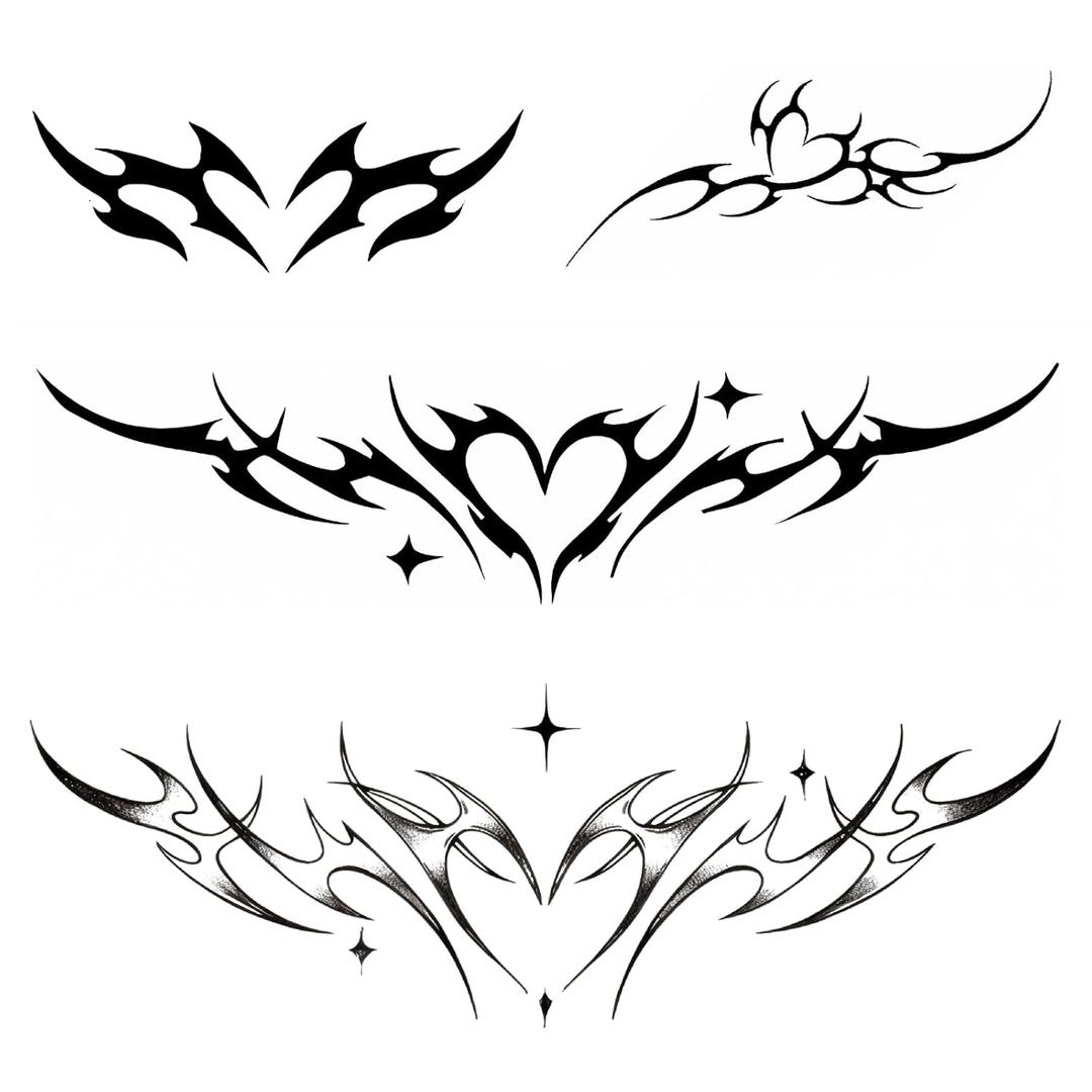 Y2K Neotribal Heart Cybersigil Tattoos  Tribal Tramp Stamp Temporary Tattoos for Women, 4 Designs for Neck, Arm, Chest & Lower Back