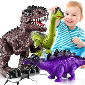 3-Pack Electronic Walking Dinosaur Toys for Toddlers 2-4, Moving Dinosaurs Toys with Lights, Roaring Sounds, T-Rex, Brachiosaurus & Stegosaurus, Xmas Birthday Gift for 2 3 4 5 6 Years Old Boys