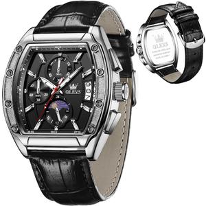 OLEVS Mens Watches Analog Quartz Chronograph Square Dress Watch For Man Stainless Steel Or Leather Band Waterproof Luminous Date Male Watch (Black Leather&Silver Black)
