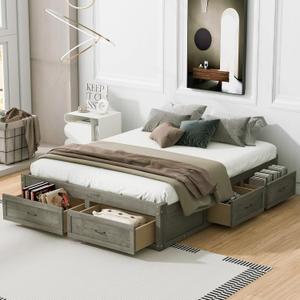 Ball & Cast Queen Size Bed Frame,Wooden Platform Bed with 6 Storage Drawers and Solid Wood Slats Support,No Box Spring Needed,Easy Assembly,Antique Gray