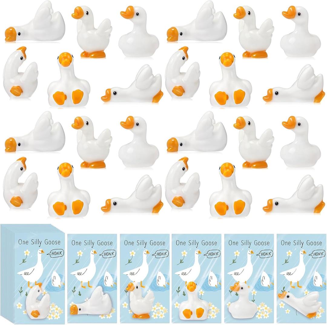 Weysat 30 Sets One Silly Goose Birthday Party Decor Baby Shower Party Favor Mini Resin Goose Figurines with Cards for Guest Birthday Decor(Blue)