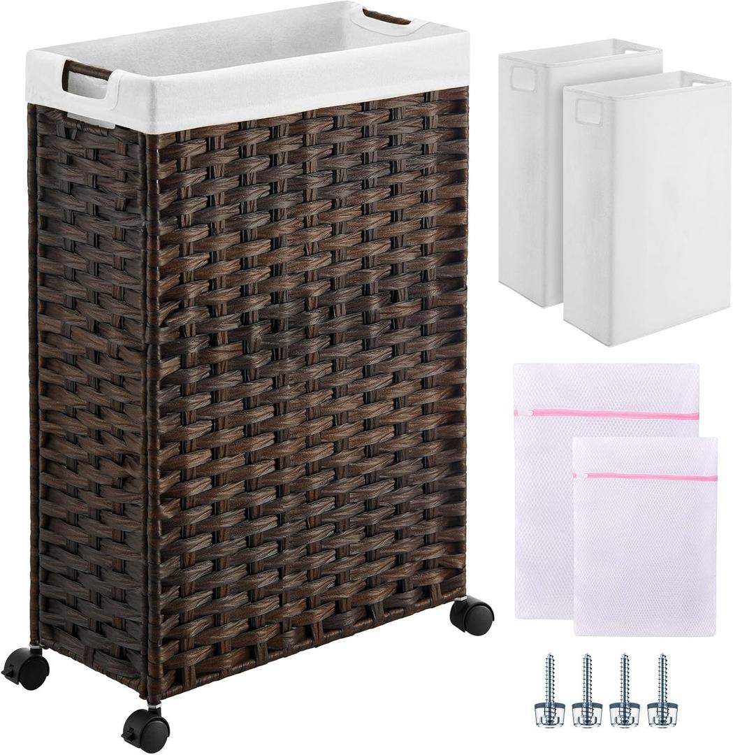 Greenstell Laundry Hamper with Wheels, 11.9 Gallon (45L) Small Clothes Hamper with 2 Removable Liner Bags & 2 Mesh Bags, Slim Rattan Laundry Basket for Bathroom, Bedroom, Brown (45L (15.8 x 7.9 x 23.6 inches))