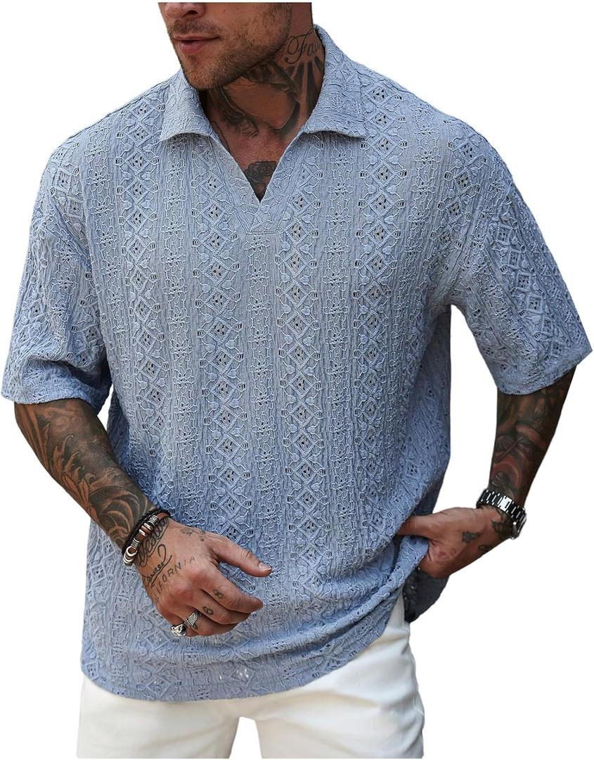 SOLY HUX Men's Summer Collared V Neck Textured Golf Shirts Boho Casual Short Sleeve Shirt Tops (L)