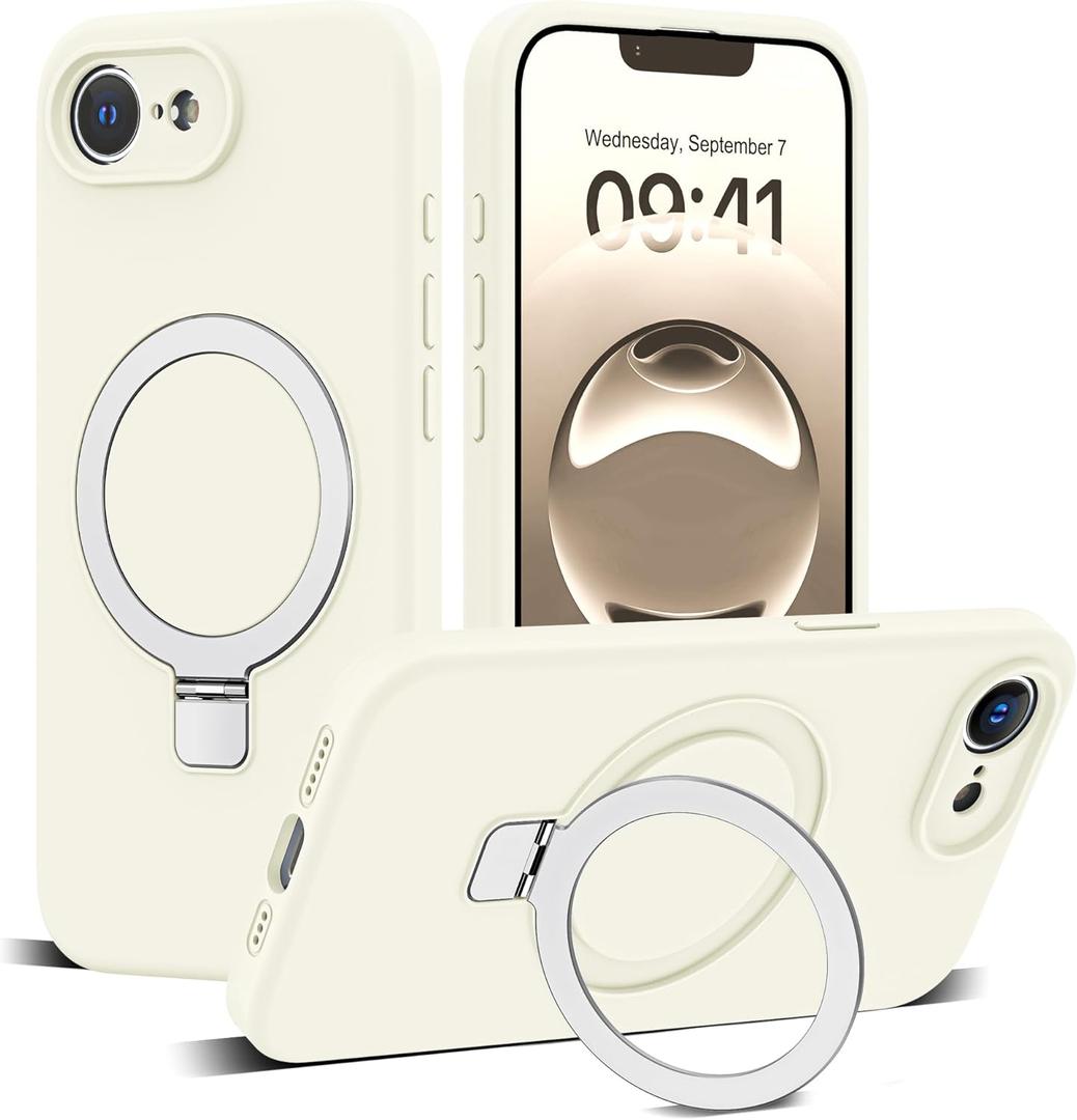 Designed for iPhone 16e Case with Magnetic Invisible Stand Compatible with Mag-Safe Military Drop Tested Shockproof Silicone Phone Cases for Women Men 6.1'', White