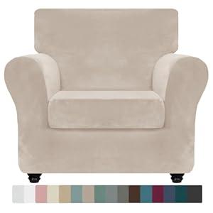 ZNSAYOTX Luxury Velvet Chair Slipcovers with Arms 2 Piece Stretch Chair Covers for Living Room Thick Soft Armchair Slipcover Anti Slip Dog Pet Friendly Furniture Protector (Khaki), 30"-47"(1 Cushion)