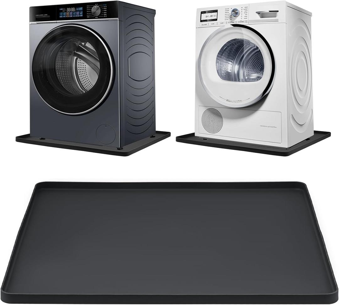 Washing Machine Drip Pan, 27 x 27 Inch Washer Drain Pan, Prevent Water Leakage and Protect Floor, Non-Slip & Anti-Vibration Silicone Mat with Raised Edge, Multi-function Soft Foldable Waterproof Mat (Black)