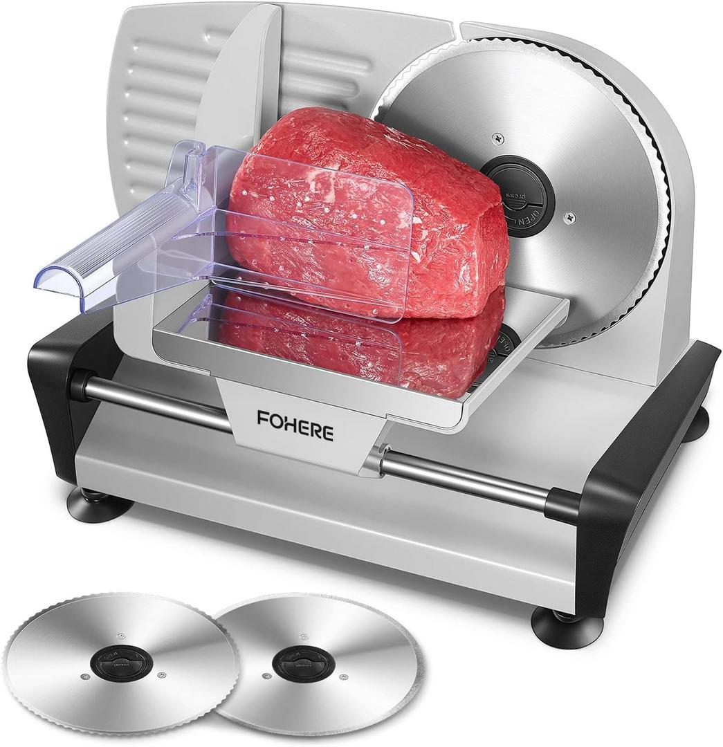 FOHERE 200W Meat Slicer for Home Use, Electric Food Slicer with Two 7.5" Sharp Stainless Steel Blade(Serrated + Smooth) & 0-15mm Precise Thickness Cut Deli Food, Meat, Bread, Fruit, Vegetable, Silver