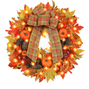 Souarts 24'' Large Fall Wreath for Front Door with 30 LED Light, Artificial Autumn Wreaths Pumpkin Maple Pine Cone, Thanksgiving Indoor Outdoor Harvest Decor, A-light Orange-pine 17''