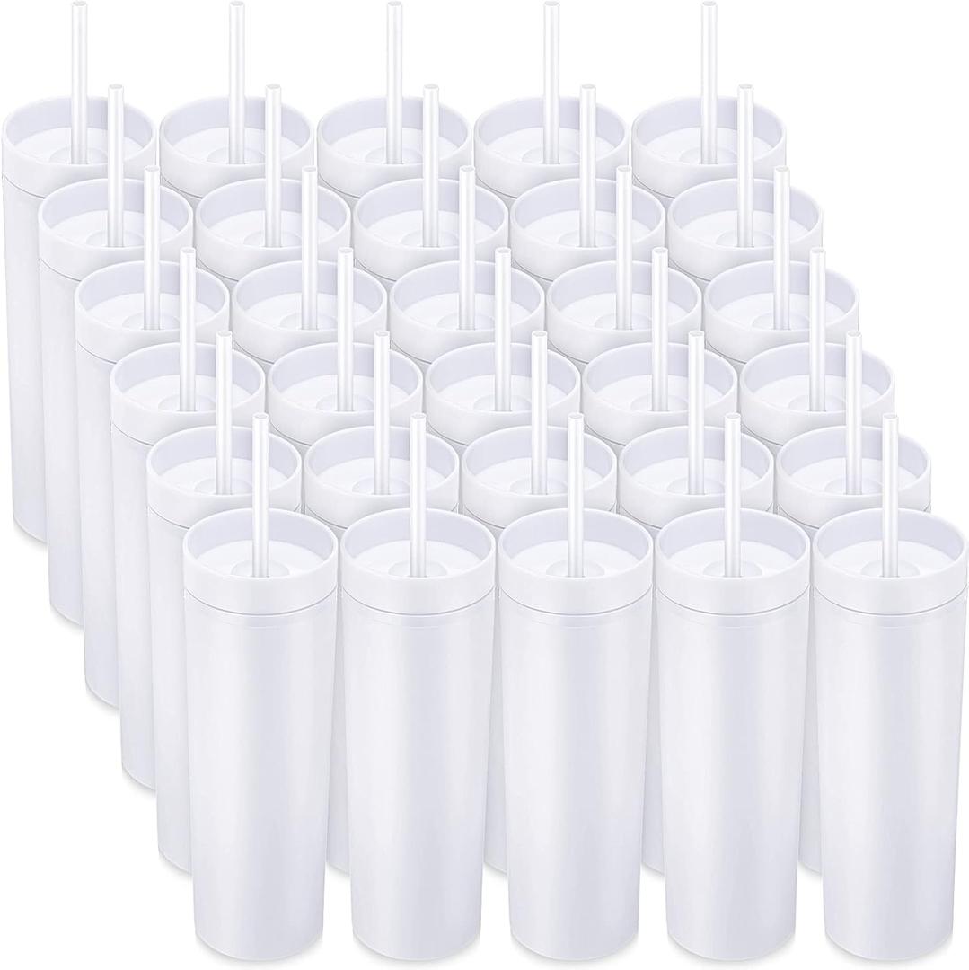 Pack of 30 Skinny Tumbler with Lids and Straws 16 oz Matte Colored Acrylic Tumblers Double Wall Plastic Tumbler Cups Skinny Travel Cup Reusable Cup for Parties Birthday Home Office (White)