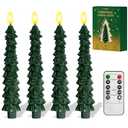 4 Pcs Christmas Tree-Shaped Flameless Taper Candles with Remote and Timer, 9.8'' Real Wax LED Window Candlesticks, 3D Flame Wick Battery Operated Christmas Tree Candles for Holiday Decoration (Green)