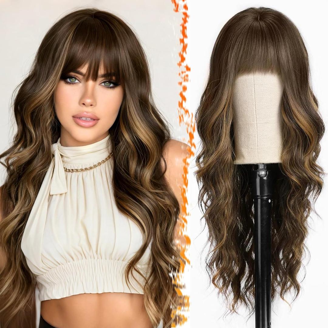 BARSDAR Long Wavy Highlight Wig With Bangs - 26 Inch Long Wavy Brown Mix Blonde Wig with Bangs for Women, Synthetic Balayage Hair Replacement Wigs Natural Looking Daily Cosplay Party Halloween