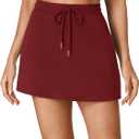 Vrtige Women's Casual Elastic High Waist Drawstring Workout Mini Skirt with Pockets (Red, L)