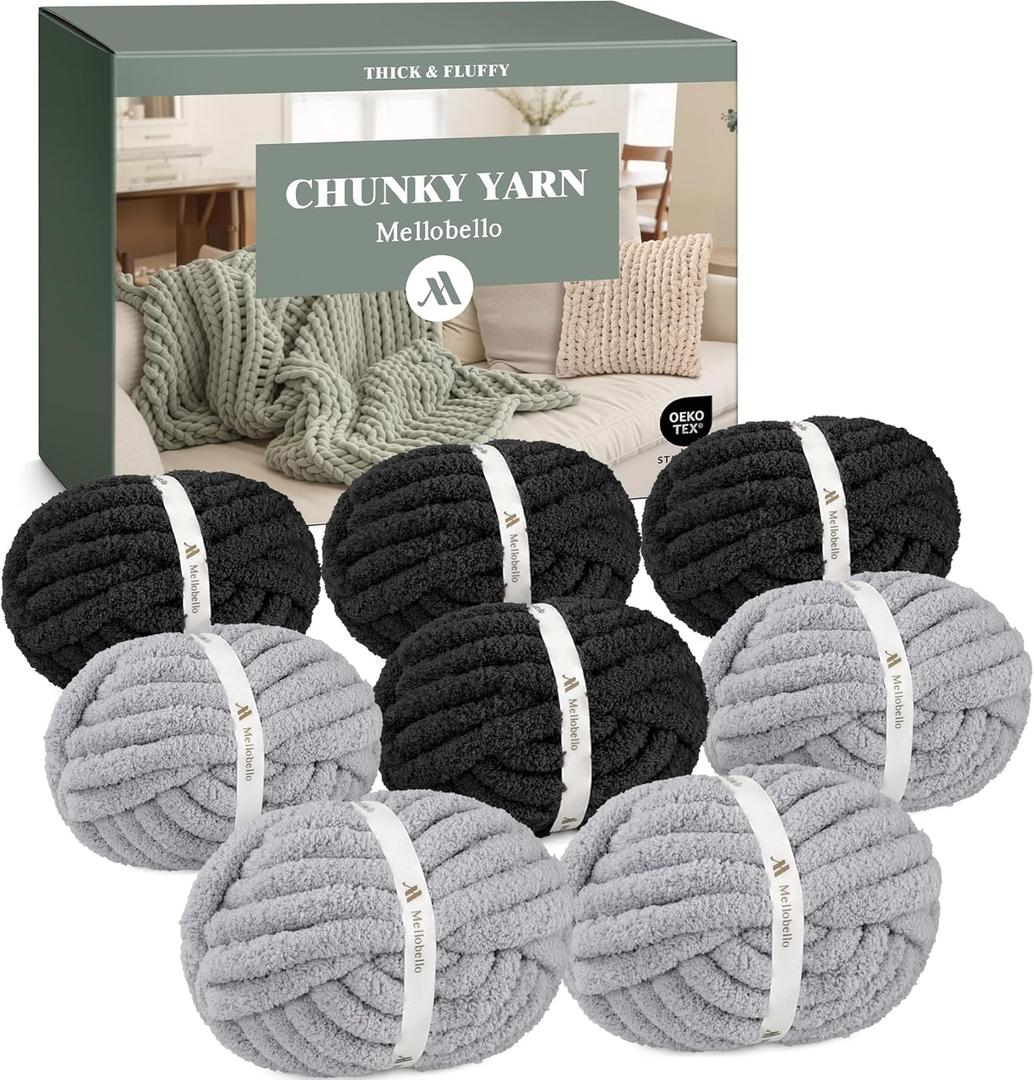 Jumbo Chenille Chunky Yarn for Crocheting - Super Bulky Fluffy Chunky Yarn for Hand Knitting - Extra Thick Soft Blanket Big Yarns 8 Jumbo Pack (27yds,8 oz Each Skein) (Black&Light Grey)