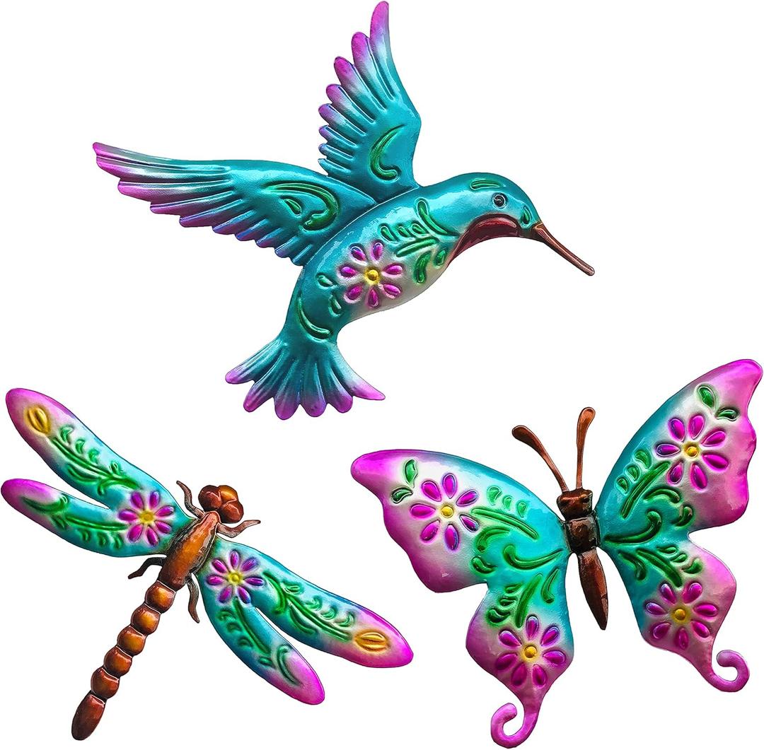 WAIU Metal Wall Art Decorative Hanging Ornaments Hummingbird Butterfly Dragonfly 3-Piece Set Suitable for Living Room Bedroom Garden Porch Patio Wall Decor Ornaments