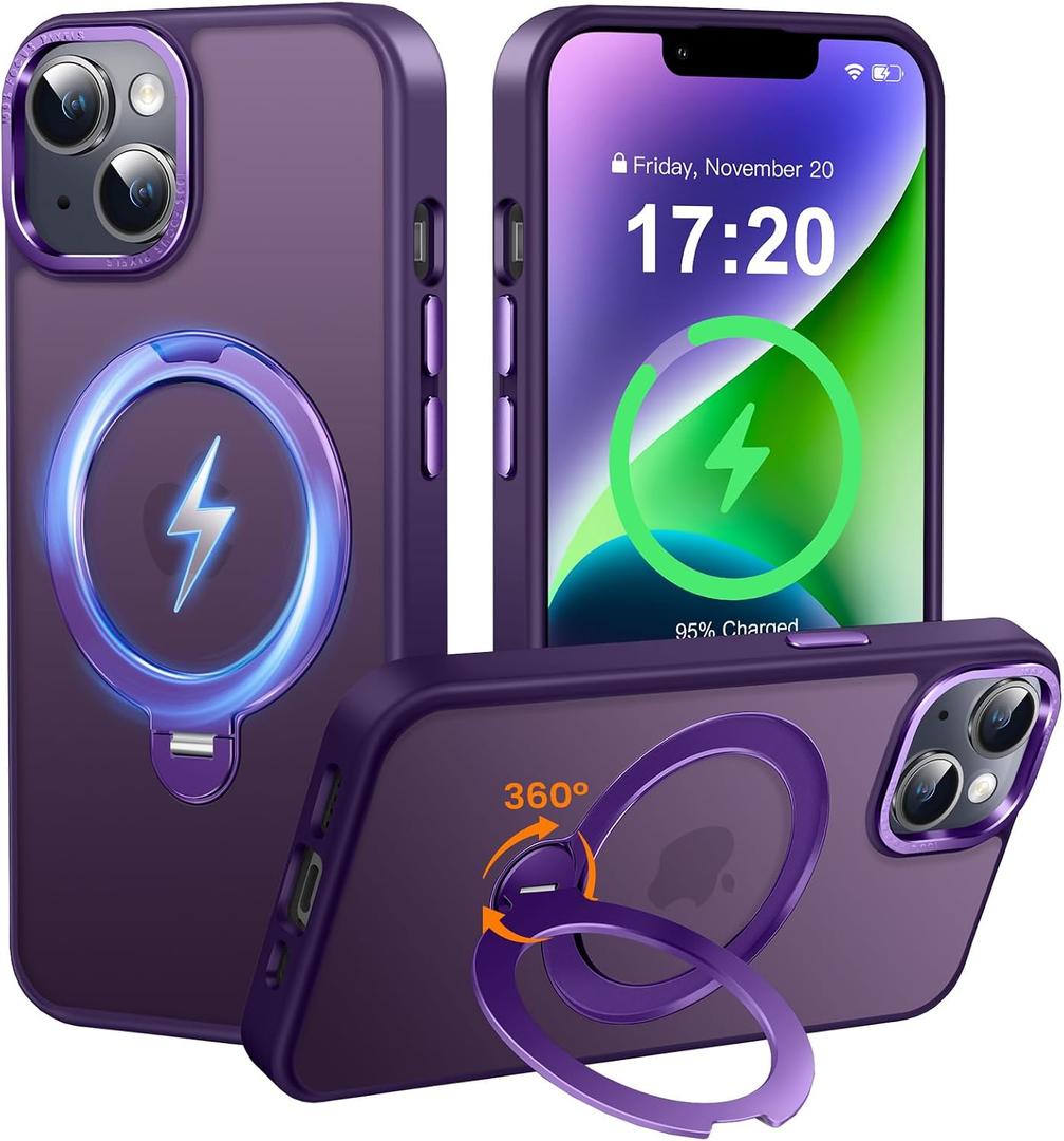 360 Spin Magnetic Stander for iPhone 13/14 Case [Compatible with Magnetic] [Built-in Kickstand] Mil-Grade Protective, Matte Non-Slip for iPhone 13/14 Phone Case(Purple)