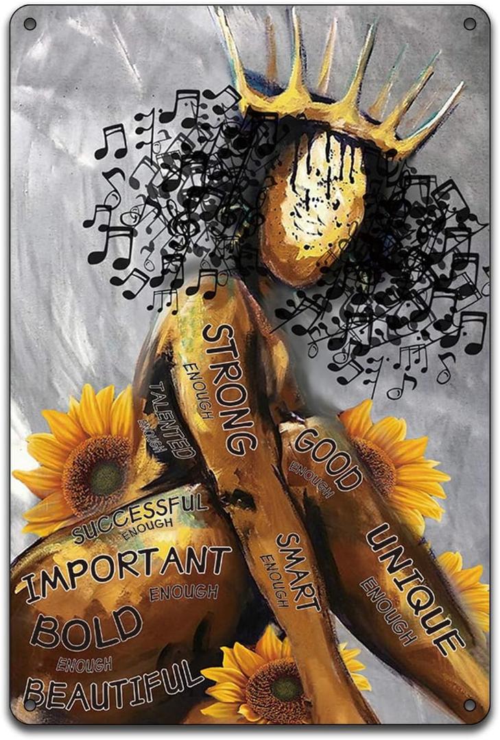 BellowDeer Motivational Home Wall Decor Afro Girl Music Black Girl Black Women Mental Tin Sign Home Living Room Wall Decoration Gifts 8X12Inch