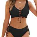 Womens Bikini Set Floral Print Two Piece Swimsuit V Neck Cutout Lace Up Mid Rise Bathing Suit Large