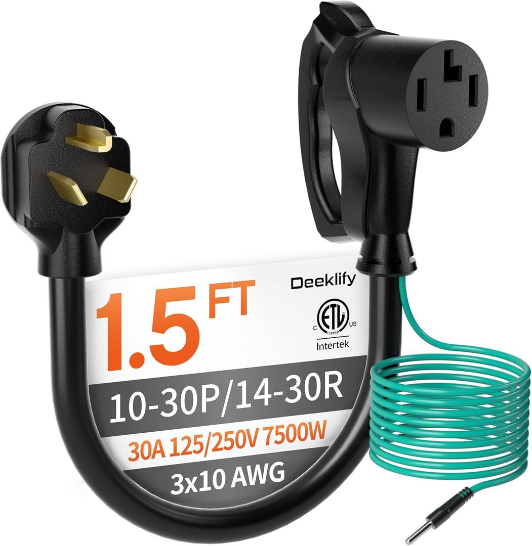 1.5 ft 10AWG 4 Prong to 3 Prong Dryer Adapter, 4 to 3 Prong Dryer Plug Adapter, NEMA 10-30P to 14-30R with Green Ground Wire, 30A 250V 7500W, Heavy Duty STW for Old Dryers, ETL Listed, Black