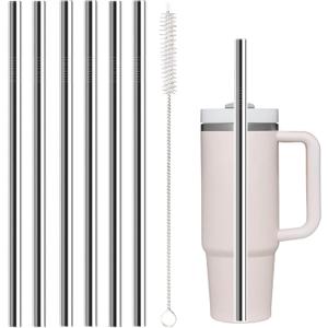 Stainless Steel Straw Replacement for Stanley 40 oz 30 oz,6 PCS Straight Reusable Metal Straws with Cleaning Brush, Compatible for 40oz Stanley Cup Tumbler (11.81 Inch0.375 Inch 6 PCS)