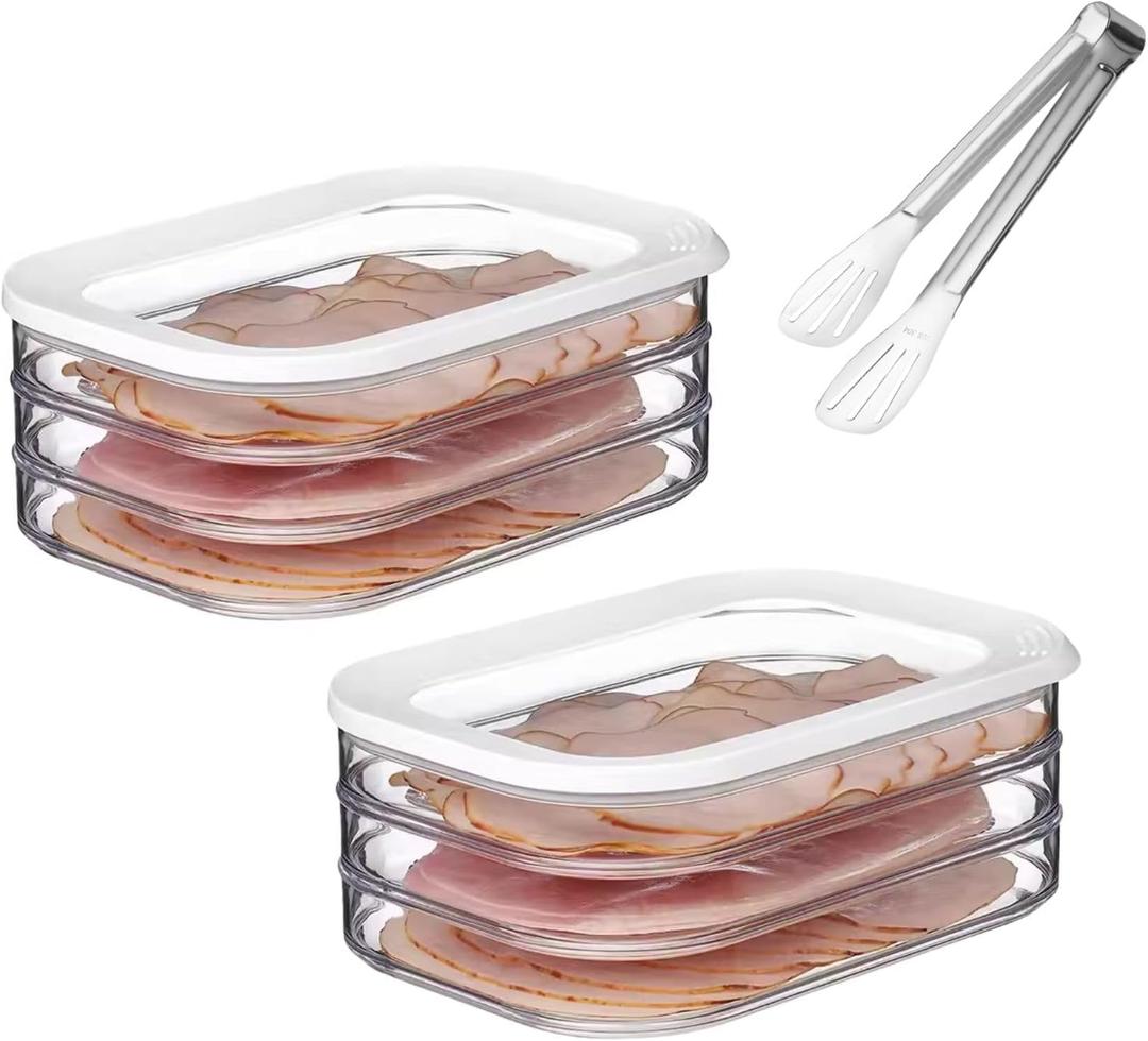 6Pcs Deli Meat Container for Fridge,Lunch Meat Container for Refrigerator with Food Serving Tongs Stackable Bacon Holder Cheese Keeper Turkey Deli Meat with Lid for Refrigerator