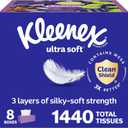 Kleenex Ultra Soft Facial Tissues, 8 Flat Boxes, 180 Tissues per Box, 3-Ply, Packaging May Vary, White