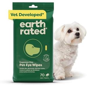 Earth Rated Vet-Developed Pet Eye Wipes, Hypoallergenic Cleaner for Dogs & Cats Eyes to Remove Dirt & Discharge, Fragrance Free, 70 Count