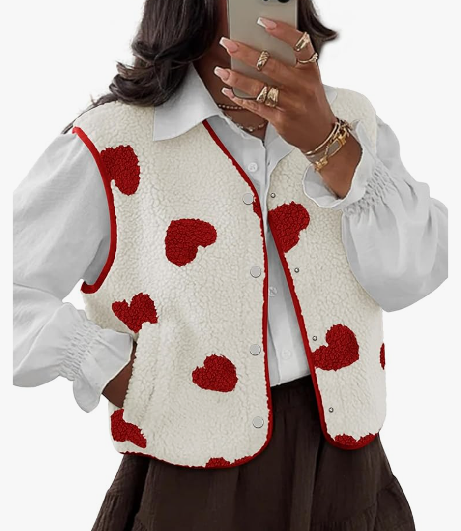 Womens Vests Outerwear Sherpa Fleece Jacket Fall Winter Heart Jacker Vest with Pocket S