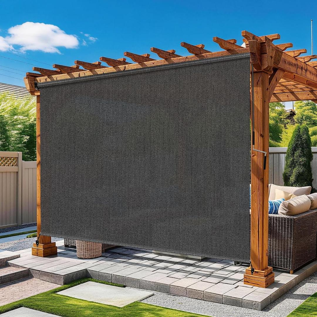 Grey Outdoor Roller Shades 8' W x 8' H, Exterior Cordless Patio Shade Roll up-Down Blinds Spliced Design (Fixed 2 Poles, One-Full Piece Fabric Sunshade)